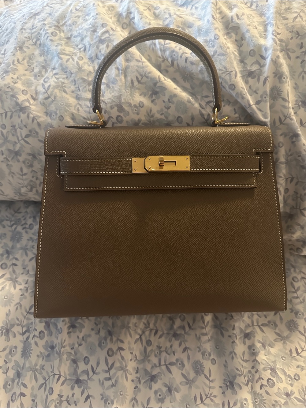 Elegant Top-Handle Taupe Leather Bag with Gold Hardware